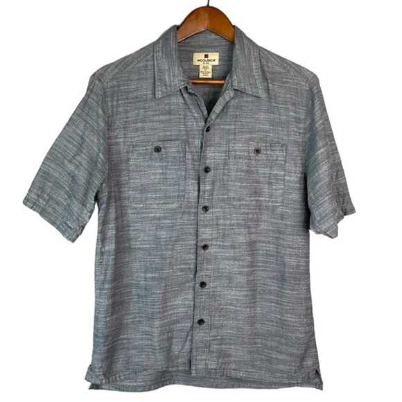 WOOLRICH Mens Blue Marled Chambray Button Up Shirt Short Sleeves Cotton Preppy S - Picture 11 of 11